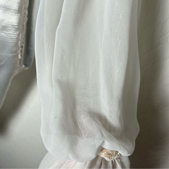 Coquette Victorian Satin Dress Lace Sheer Ruffles Fairy White Tunic Mini Dress - Picture 6 of 9